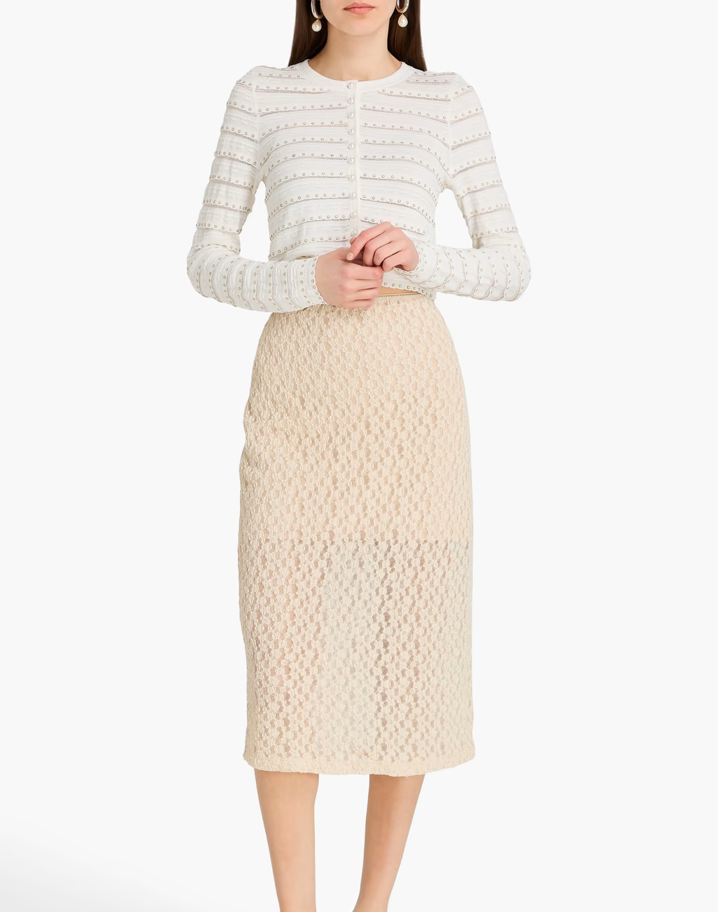 Sandro 비즈 장식 크로셰 니트 카디건 에크루 착용 이미지