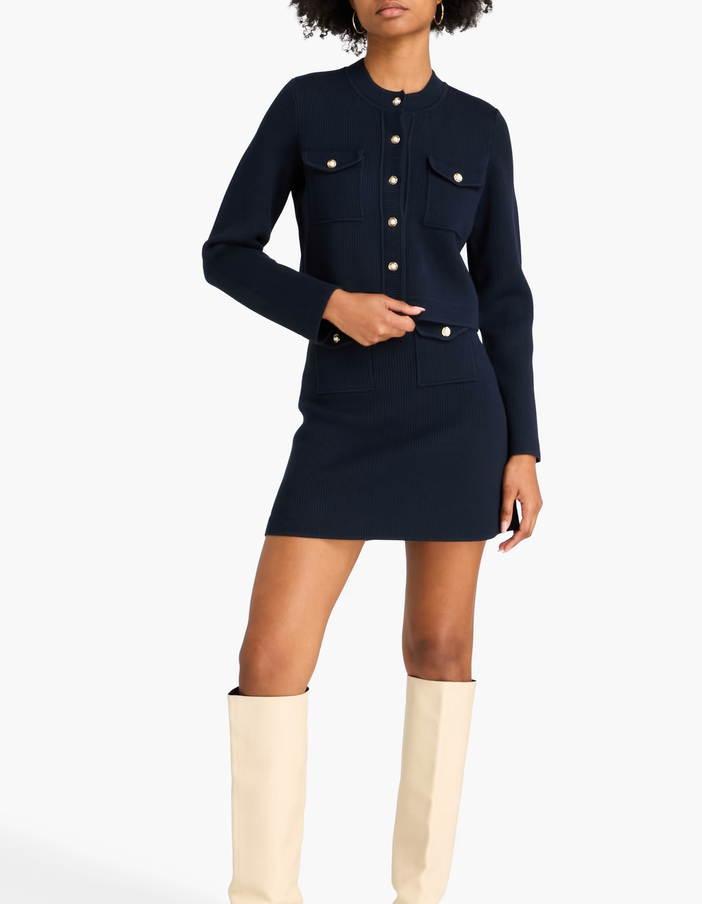 Sandro 리브 니트 카디건 네이비블루 착용 이미지